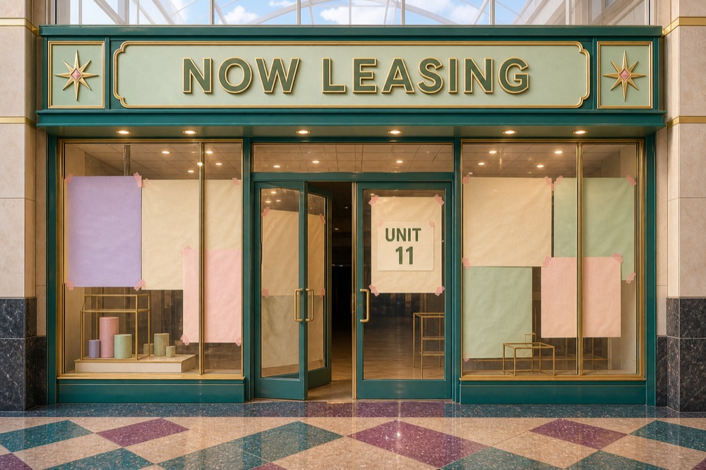 Unit 11 — vacant storefront papered over with a NOW LEASING sign