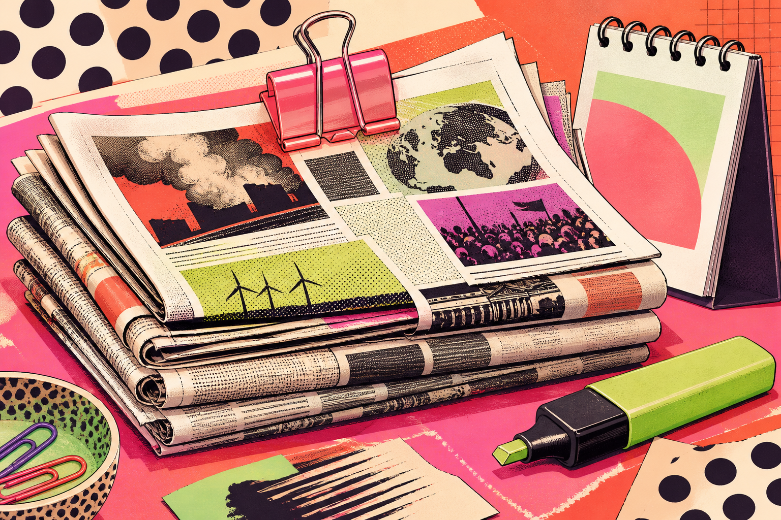 A stack of newspapers gathered with a binder clip beside a weekly desk calendar and highlighter.