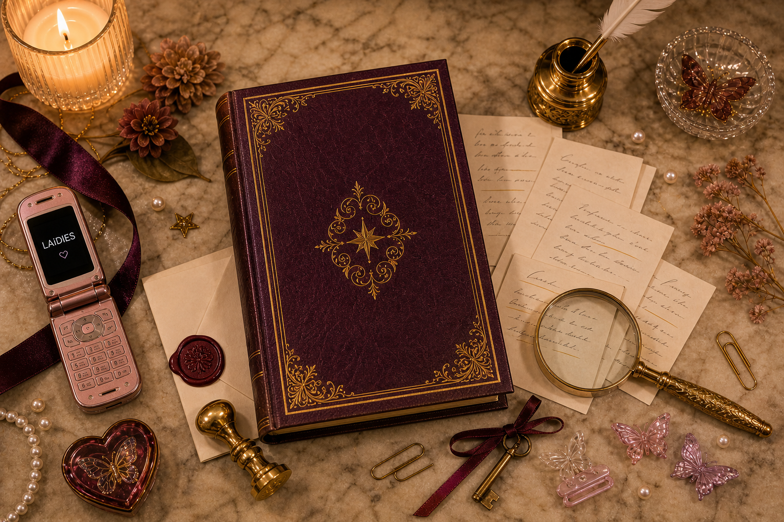 LAiDIES Grimoire chamber of receipts flat-lay with a plum ledger, notes, quill, magnifying glass, wax seal, and key