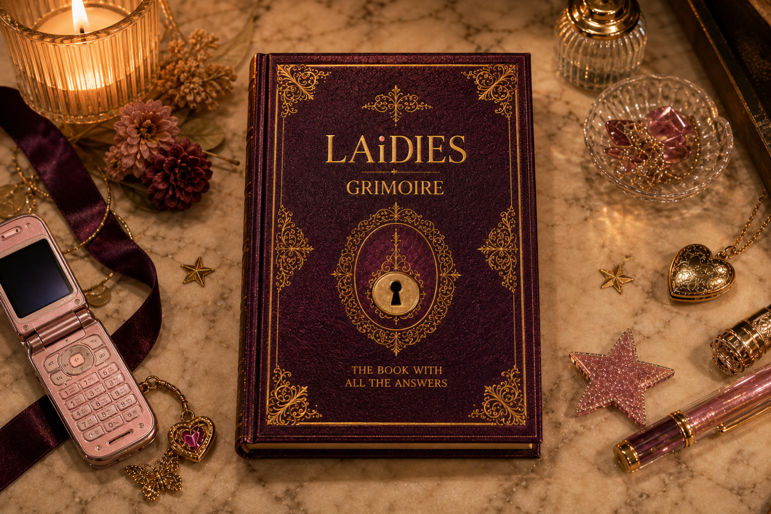 The plum-and-gold LAiDIES Grimoire — closed cover, gold-embossed star on a soft styled surface