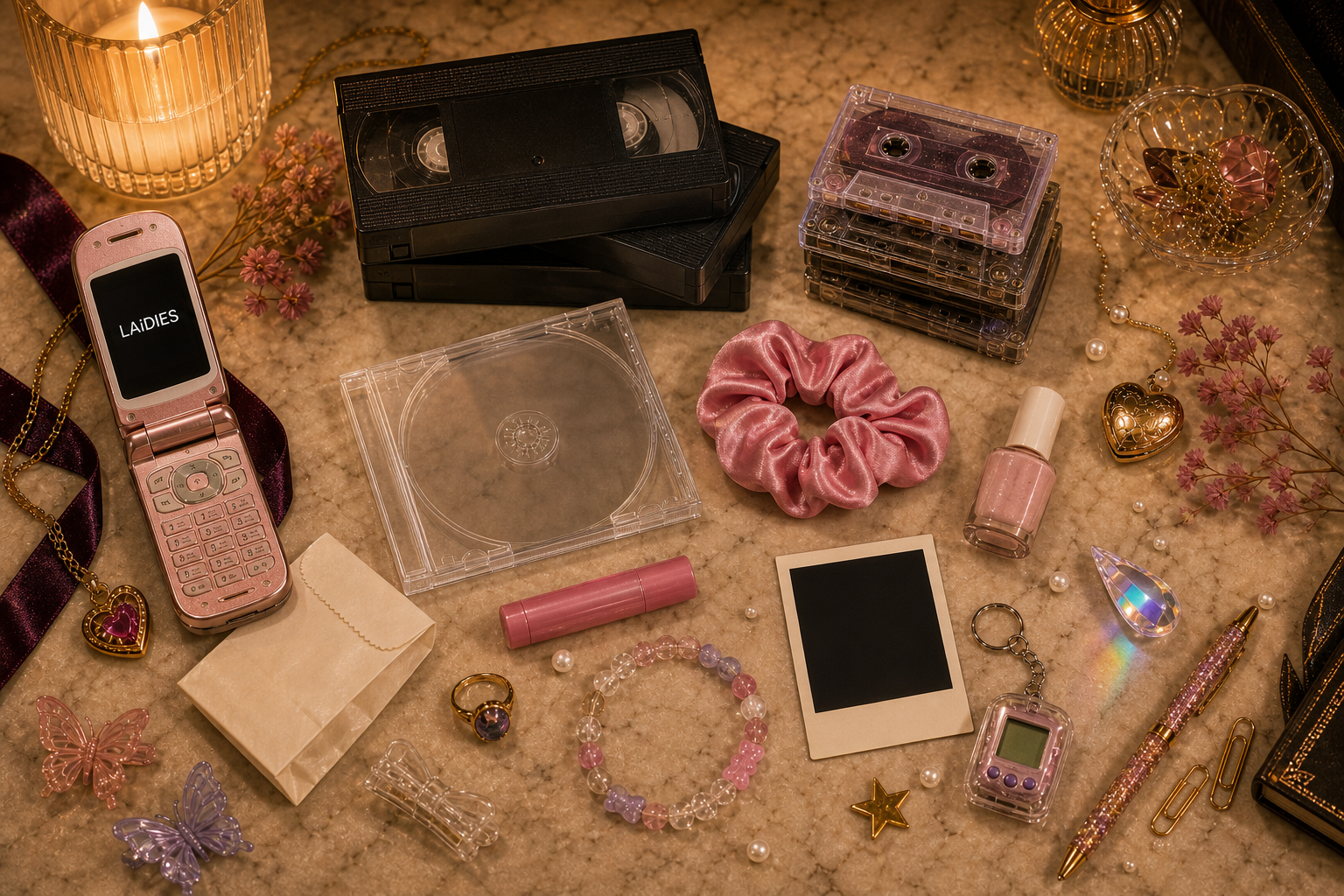 LAiDIES Grimoire lore closet flat-lay with Y2K tapes, CD case, scrunchie, lip balm, mood ring, and nostalgic accessories