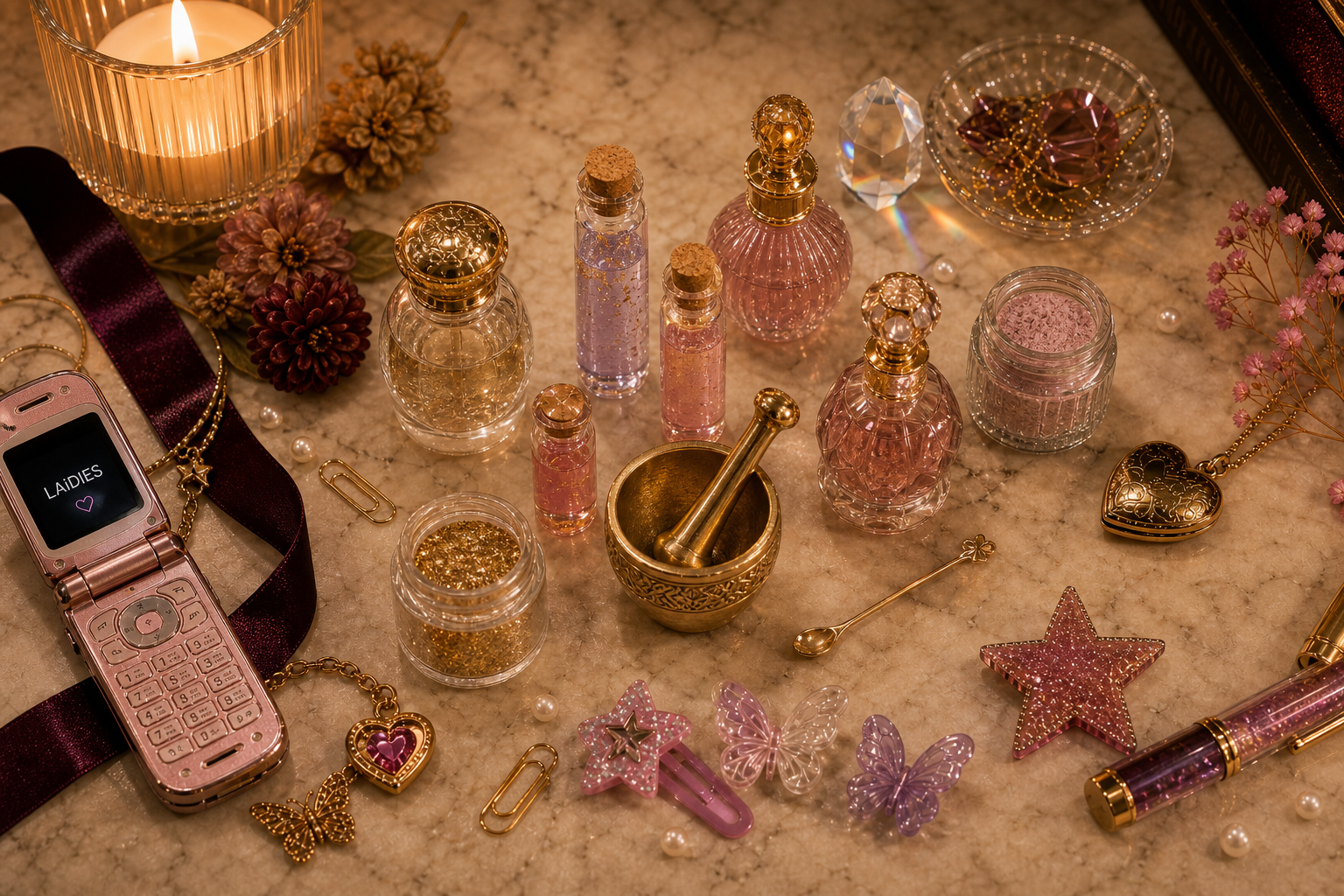 LAiDIES Grimoire potions shelf flat-lay with glass vials, perfume bottles, glitter, and gold apothecary tools