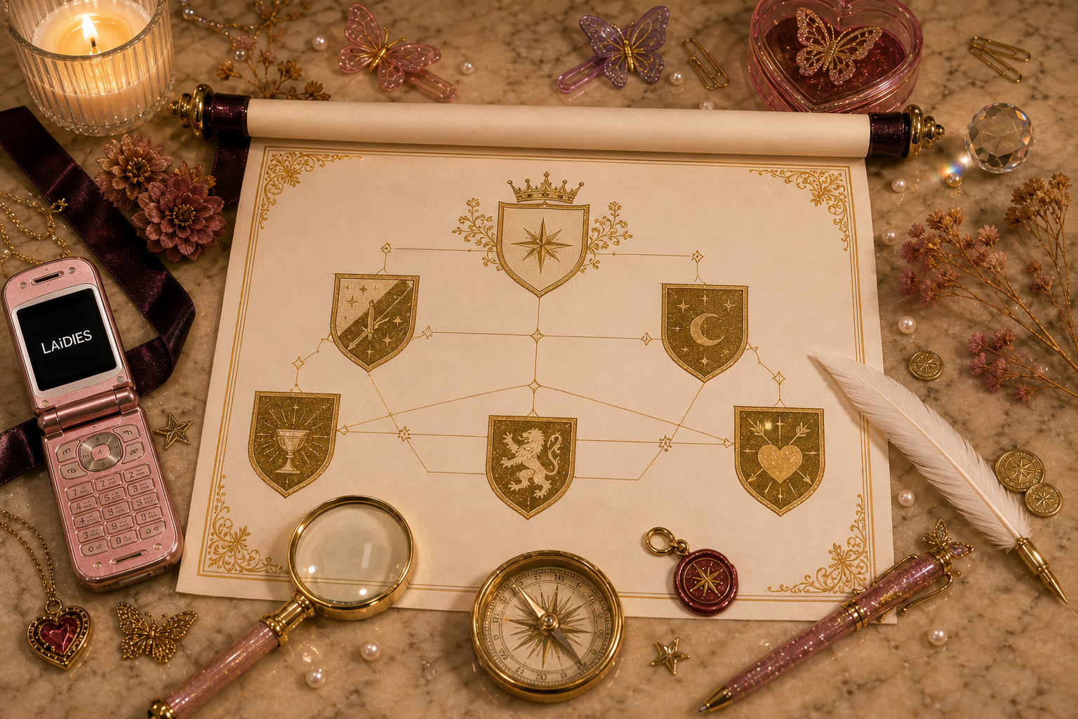 LAiDIES Grimoire power map flat-lay with a heraldic court chart, gold shields, compass, quill, magnifying glass, and coins