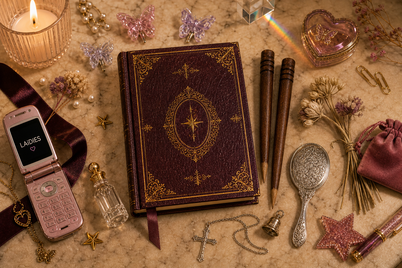 LAiDIES Grimoire SLAiYER Handbook flat-lay with a field diary, stakes, mirror, vial, cross pendant, bell, and velvet pouch