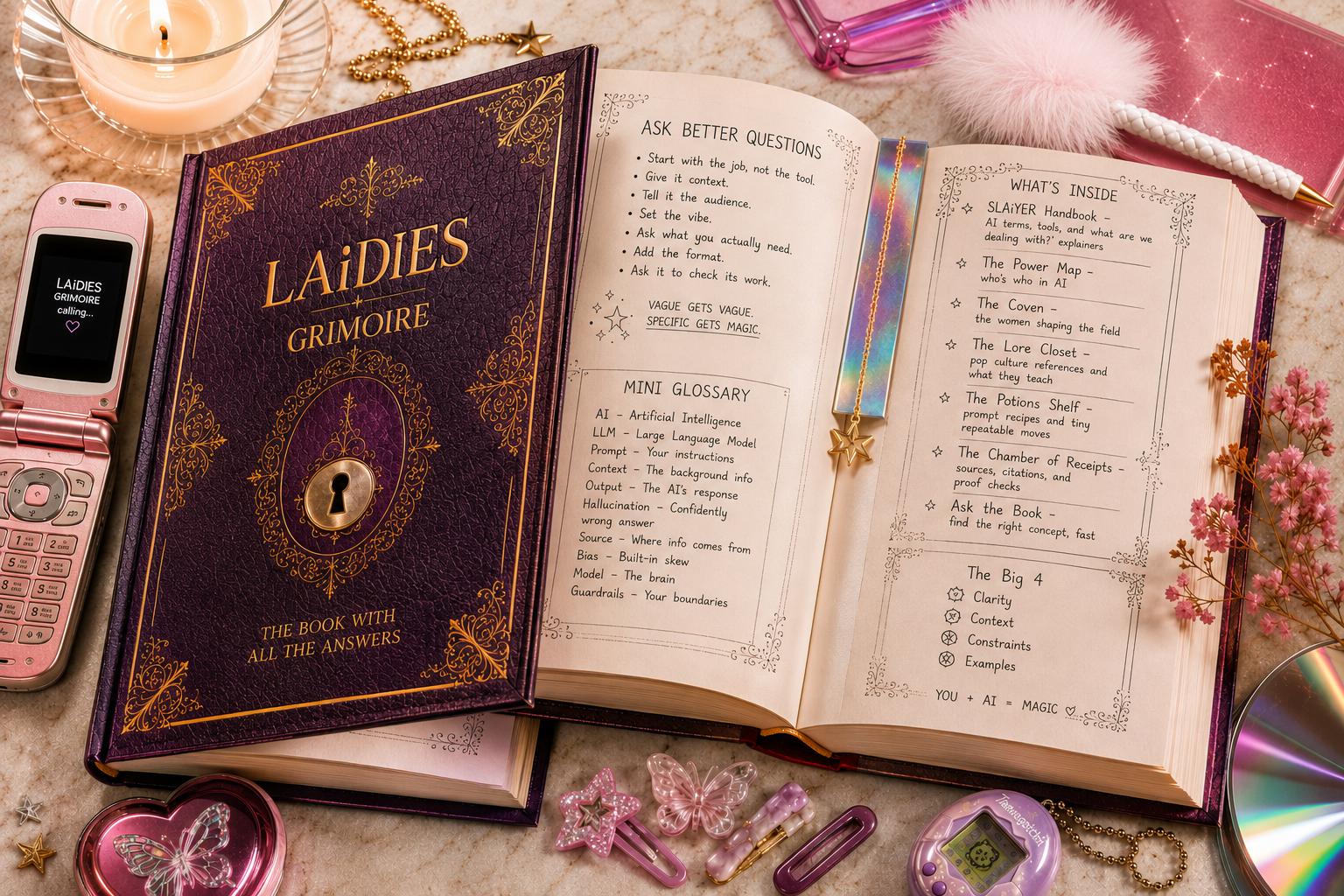 The plum-and-gold LAiDIES Grimoire — closed cover and open spread in a styled flat-lay