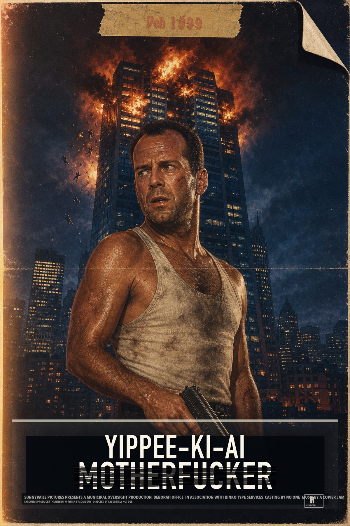 Deb's 1999 campaign poster — Die Hard idiom, HR-redacted