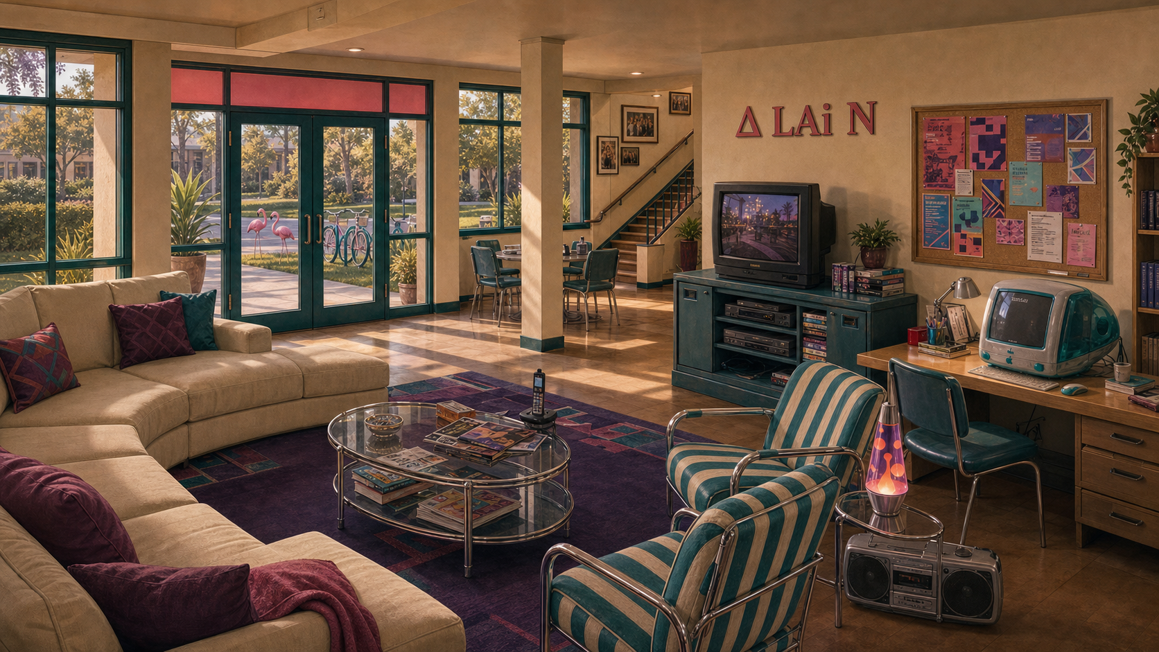 The SUNNYVAiLE sorority house common room, with a staircase, lounge, bulletin board, and doors to the community rooms.