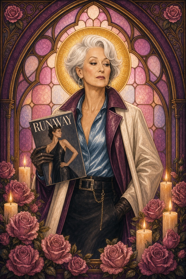 Miranda Priestly — Y2K stained-glass portrait