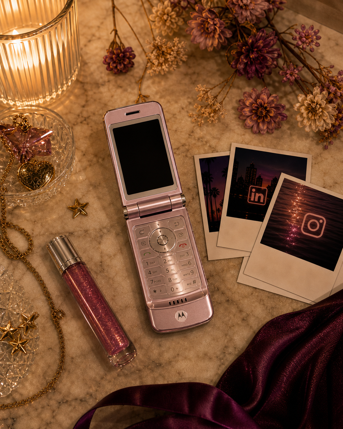 Warm flip-phone scene with Instagram and LinkedIn polaroids — LAiDIES after-hours