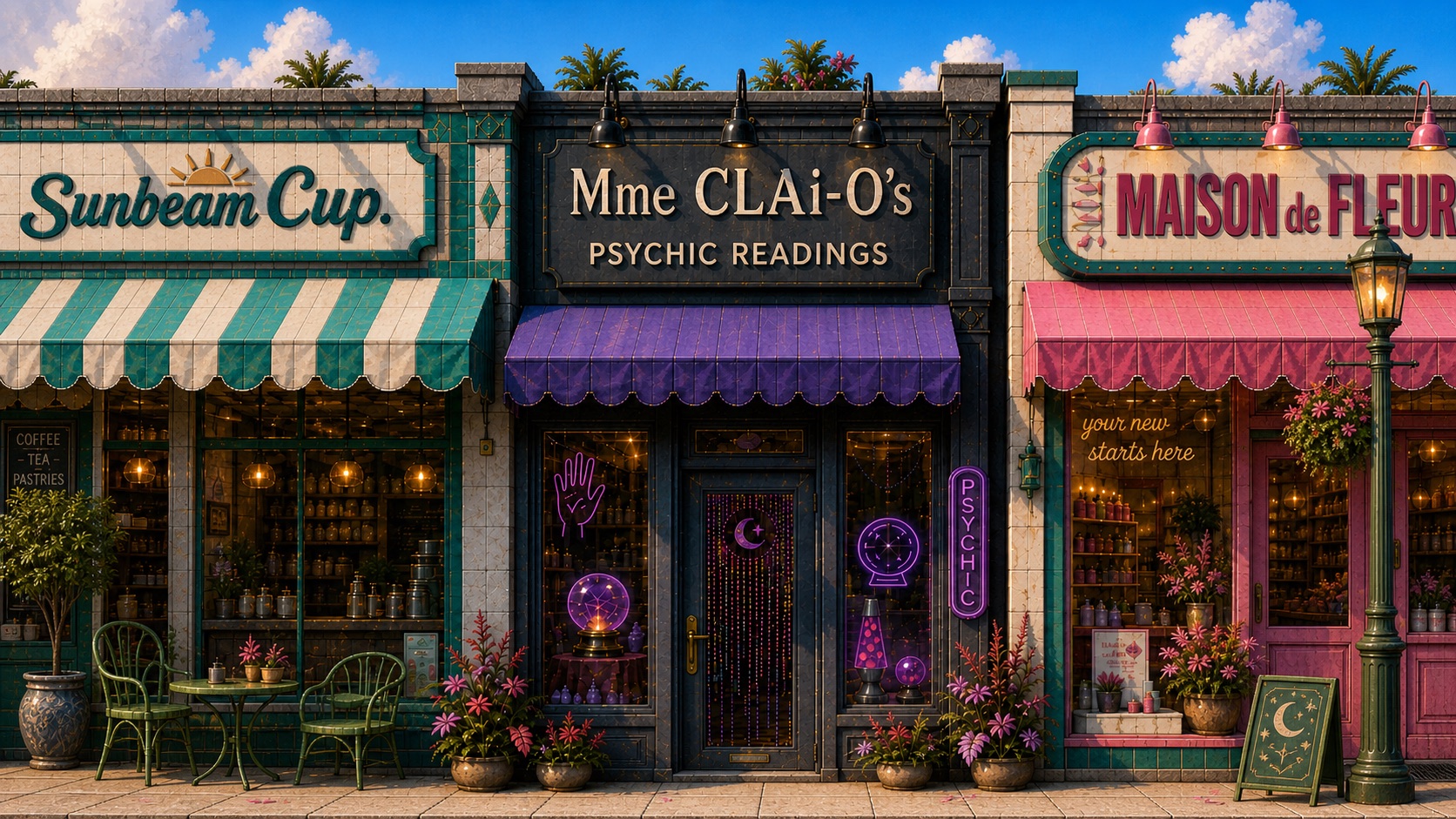 Mme CLAi-O's psychic-readings storefront at golden dusk, with teal tile, a purple awning, glowing crystal balls and pink flowers