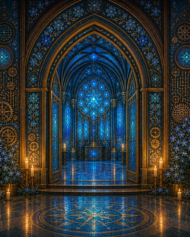 The MAiVENS wing — teal-blue stained-glass chapel entrance with gilded gears and forget-me-nots
