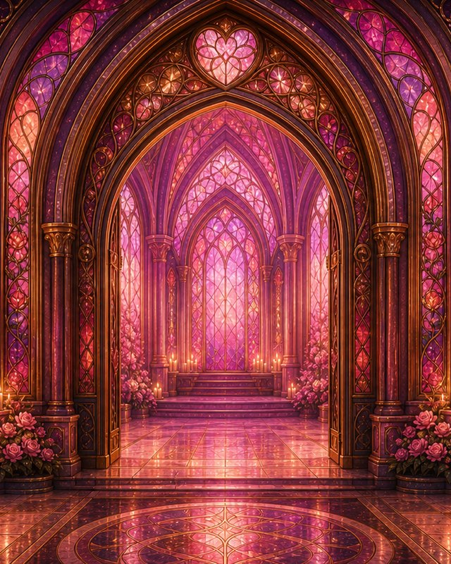 The PATRON SAiNTS wing — rose stained-glass chapel entrance, candles and roses lining the archway