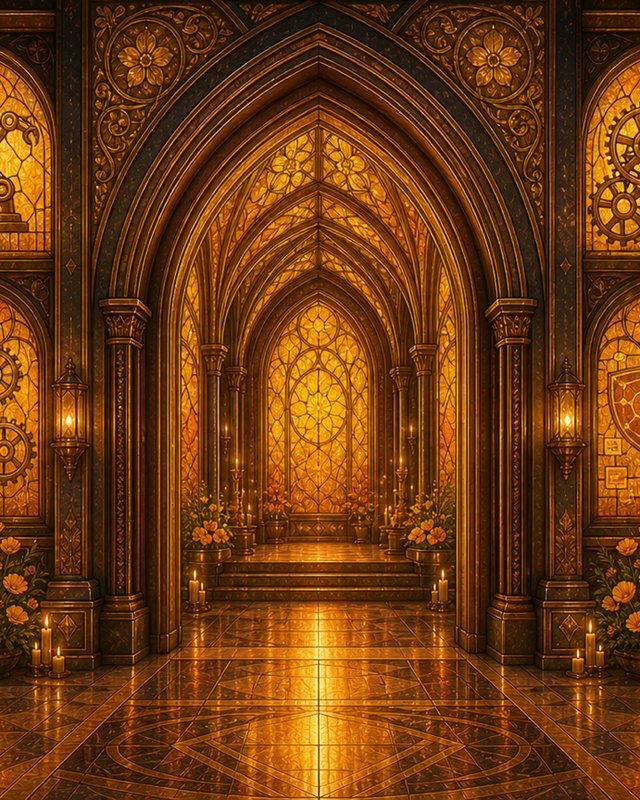 The TRAiLBLAZERS wing — amber stained-glass chapel entrance lined with poppies