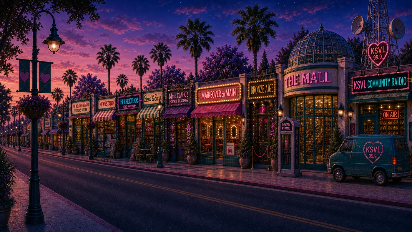 SUNNYVAiLE's MAiN Street at dusk, storefronts and neon signs glowing