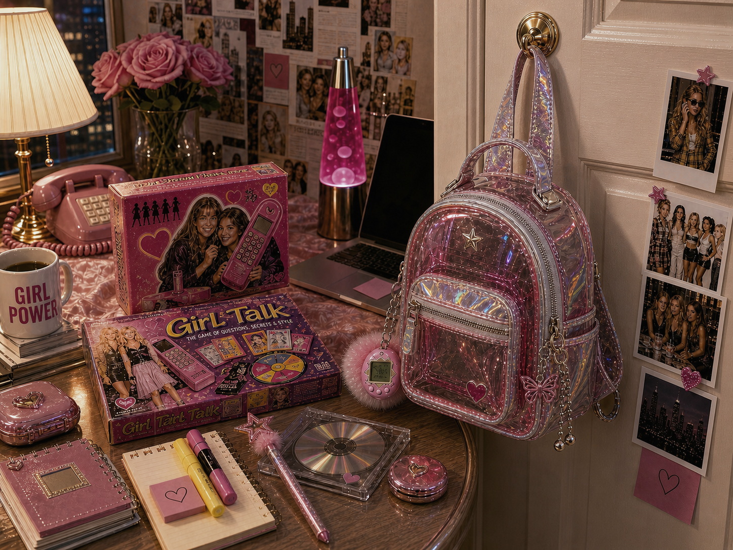 A pink holographic Y2K mini backpack hanging in a warm LAiDIES bedroom-office, ready to open.