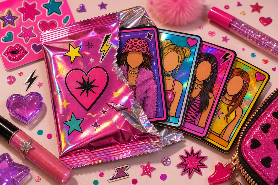 Shiny pink foil trading card pack with cards peeking out